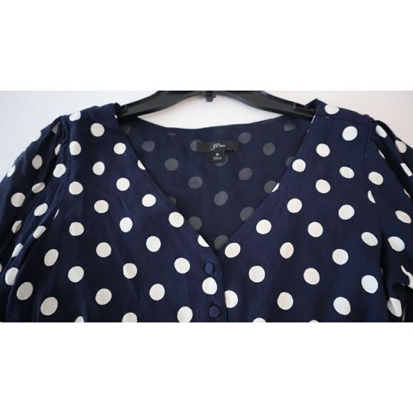 J.Crew L1742 Women's Sz 6 Navy Blue/White Polka Dot Long Sleeve Peplum Blouse - Picture 3 of 6